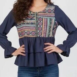 Savannah Jane L Stone Blue Tiered W/Embroidered Bodice Puff Sleeves W/Ruffle NWT